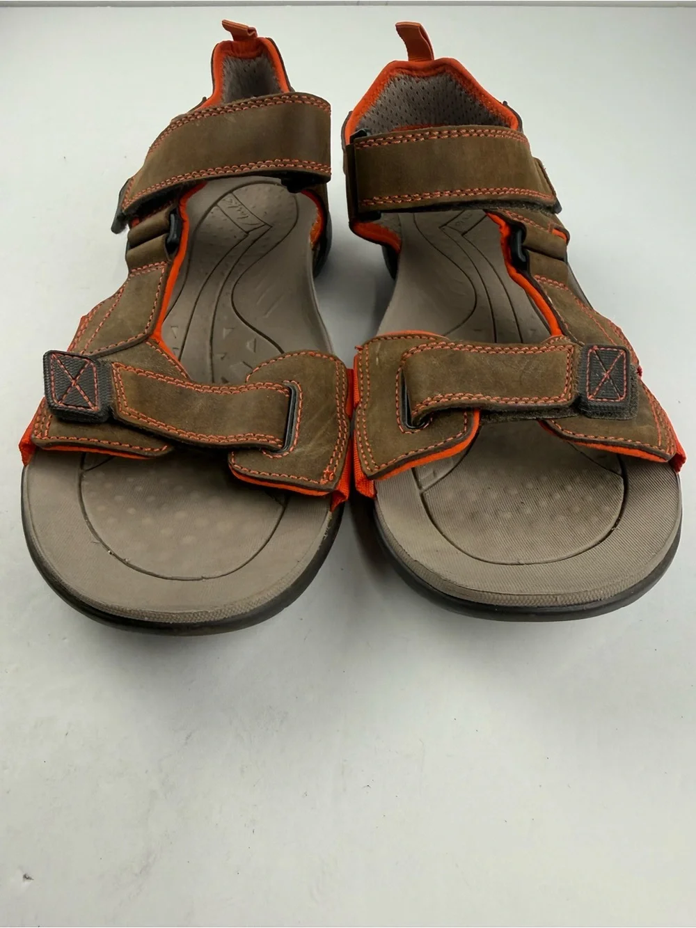Clarks Mens 10 Brown Orange Leather Sandal Hook and Loop Adjustable